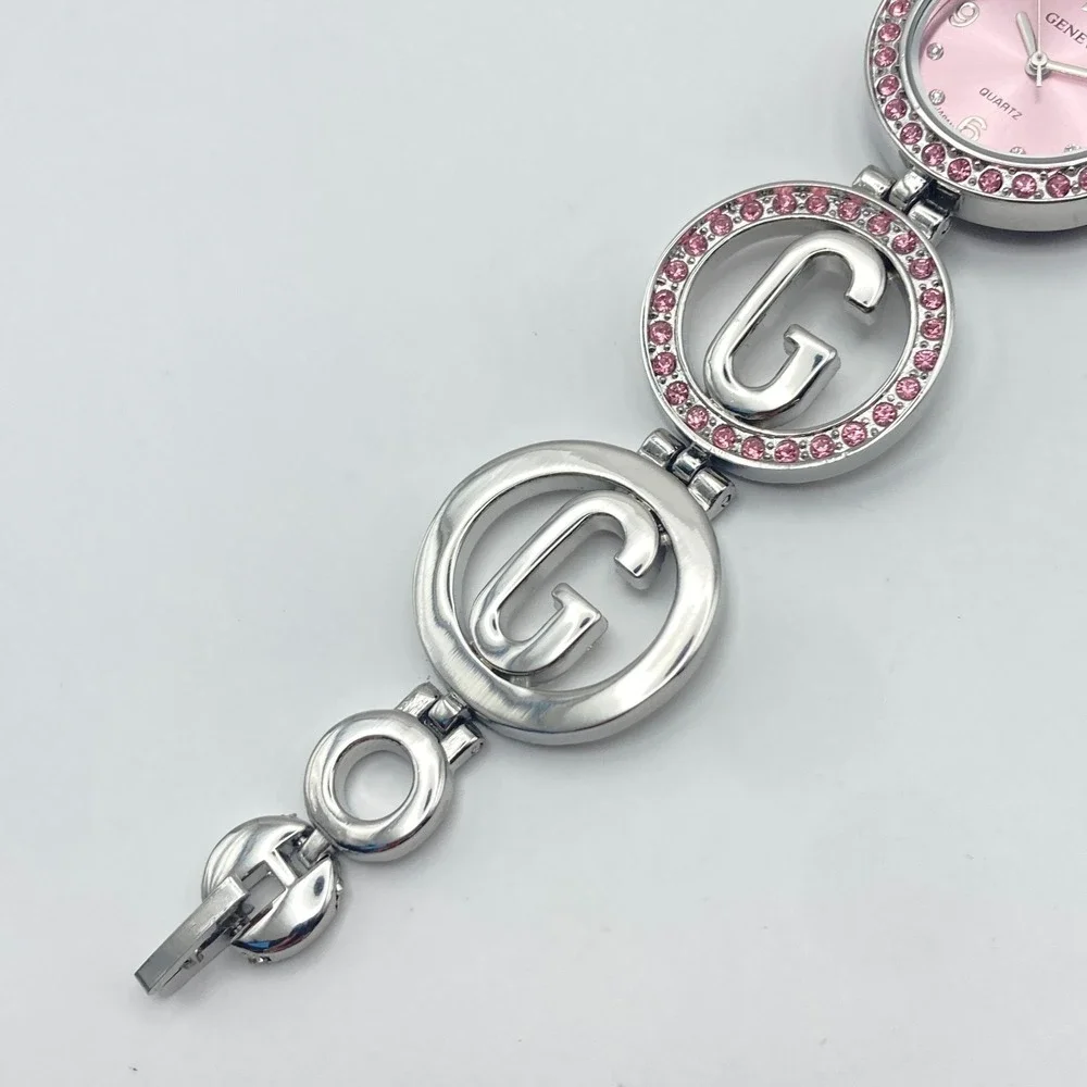 Geneva Women's Watch 26mm Silver Tone Pink Crystals Logo Band G New Battery 7